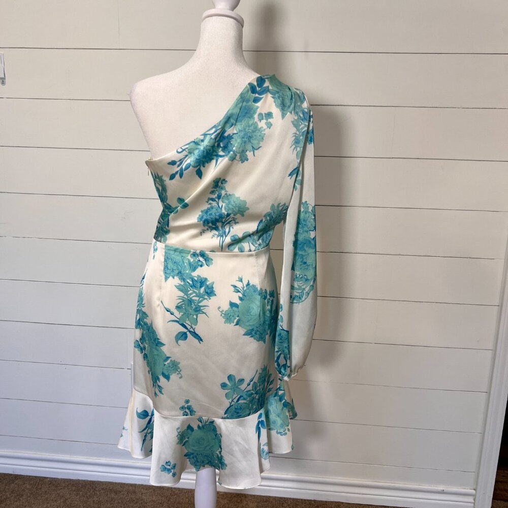 Gianni Bini Cream and Blue Satin Floral Wrap Dress Size 10 - Picture 6 of 11